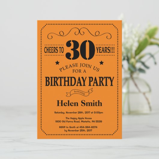 30e verjaardag uitnodiging zwart en Sinaasappel (Staand voorkant)