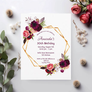 30e verjaardag van de burgundy floral gold uitnodi briefkaart