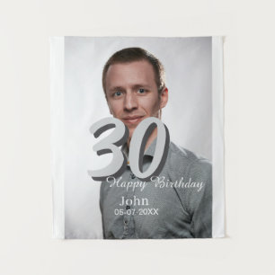 30e verjaardag voeg naam datum jaar witte foto toe wandkleed