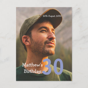 30e verjaardag voeg naam foto datum man blauw wit briefkaart