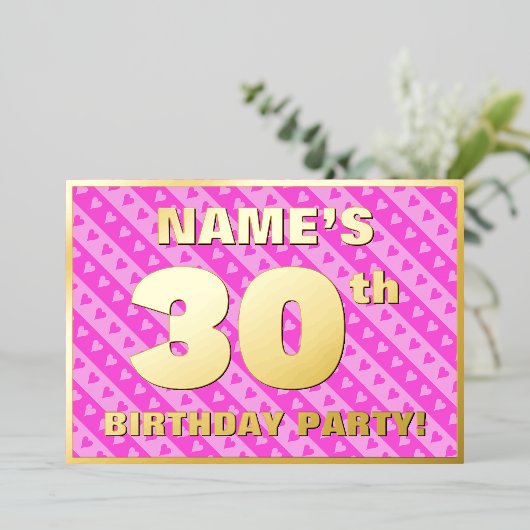 30e verjaardag — vuurroze harten en strips folie uitnodiging (Staand Voorkant)