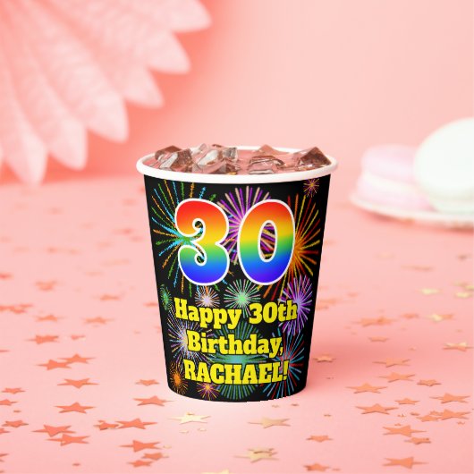 30e verjaardag: Vuurwerk Fun Pattern + Regenboog 3 Papieren Bekers (Insitu)