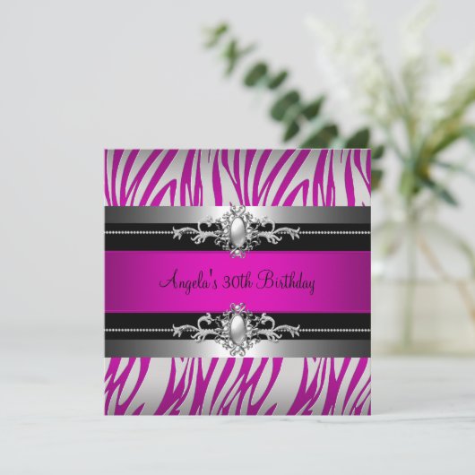 30e verjaardag Zebra Hot Pink Silver Black Kaart (Staand voorkant)