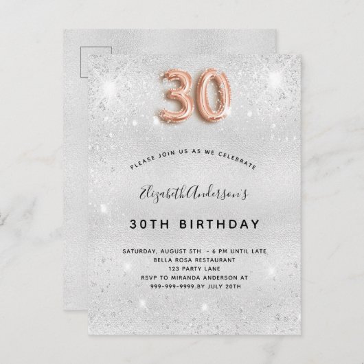 30e verjaardag Zilver roos Gouden Sparkles Uitnodiging Briefkaart (Voorkant / Achterkant)