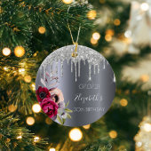 30e verjaardag zilveren glittersparelende bloemen keramisch ornament