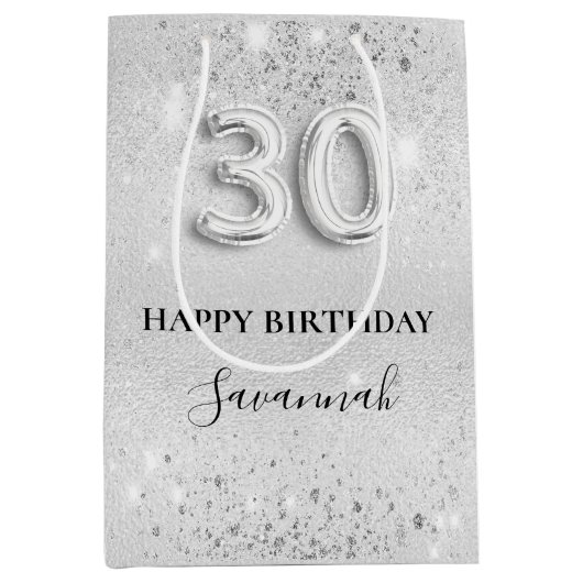 30e verjaardag zilverglitter naam medium cadeauzakje (Voorkant)
