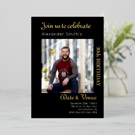 30e verjaardag zwart goud folie uitnodiging (Staand Voorkant)