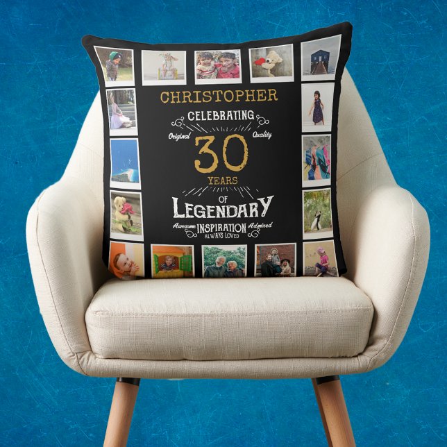 30e verjaardag zwart goud foto collage kussen (Personalized 30th birthday gift throw pillow with 16 photos of your choice.)