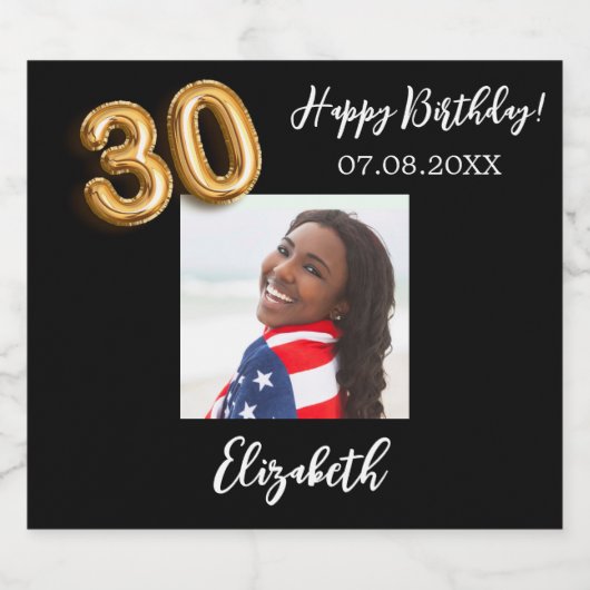 30e verjaardag zwart goud foto sparkling wijnetiket (Enkel label)