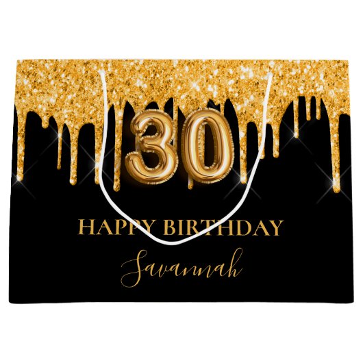 30e verjaardag zwart goud glitter druipt naam groot cadeauzakje (Voorkant)