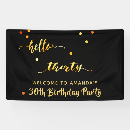 30e verjaardag zwart goud hallo 30 scriptnaam spandoek (Horizontaal)