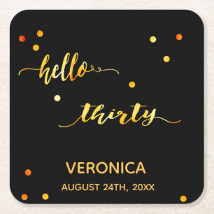 30e verjaardag zwart goud hallo 30 scriptnaam vierkante kartonnen onderzetter