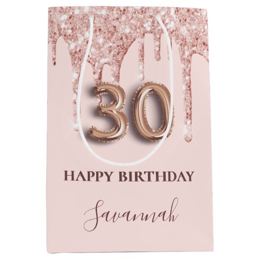 30e verjaardag zwart roze glitter druppelt roos go medium cadeauzakje (Voorkant)
