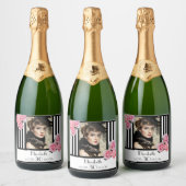 30e verjaardag zwart witte strepen bloemen foto sparkling wijnetiket (Flessen)