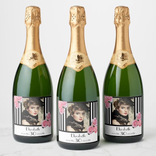 30e verjaardag zwart witte strepen bloemen foto sparkling wijnetiket (Flessen)