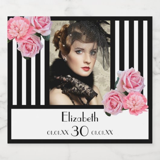 30e verjaardag zwart witte strepen bloemen foto sparkling wijnetiket (Enkel label)