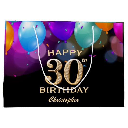30e verjaardag Zwarte en gouden ballonnen Groot Cadeauzakje (Achterkant)