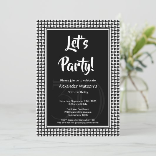 30e verjaardag zwarte en witte checkboard kaart (Staand voorkant)
