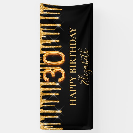 30e verjaardag zwarte gouddruppels welkom spandoek (Verticaal)