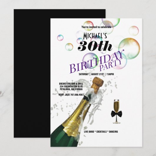 30e Verjaardagsfeest Champagne Fles & Glas Kaart (Voorkant / Achterkant)