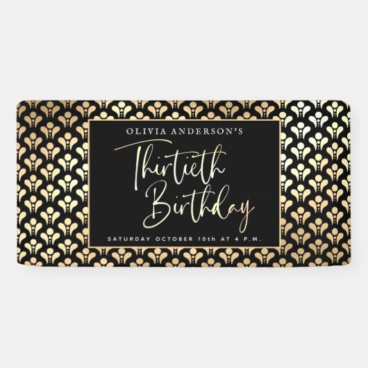 30e verjaardagsfeest in zwart wit en goud script spandoek (Horizontaal)