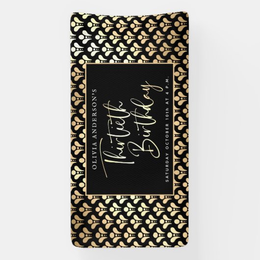 30e verjaardagsfeest in zwart wit en goud script spandoek (Verticaal)