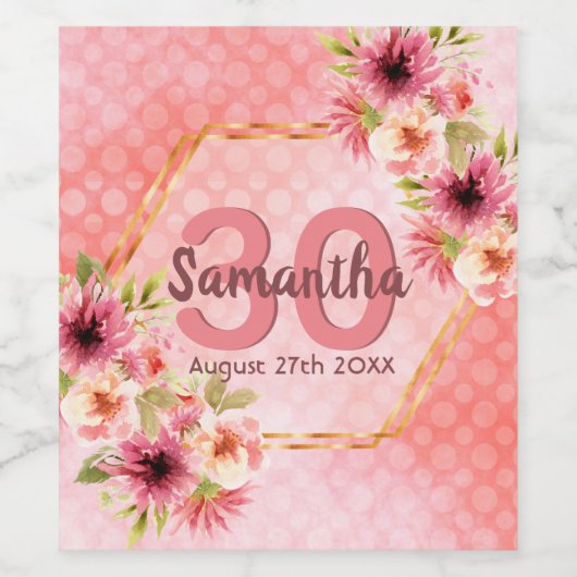 30e verjaardagsfeest Koraal Goud Roze Bloemen Wijn Etiket (Enkel label)