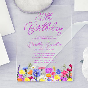 30e verjaardagsfeest Paarse Boho Wildflower Acryl Uitnodigingen