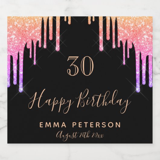30e verjaardagsfeest zwart roze druppels sparkling wijnetiket (Enkel label)