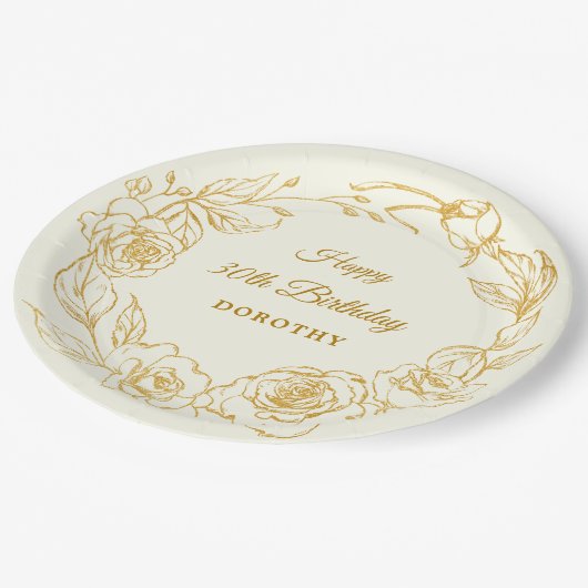 30e verjaardagsfeestje Luxe Goud Roos Bloemenivoor Papieren Bordje (Gekanteld)
