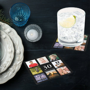 30e verjaardagsfeestje zwarte foto collage man vierkante kartonnen onderzetter