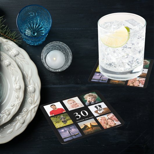 30e verjaardagsfeestje zwarte foto collage man vierkante kartonnen onderzetter