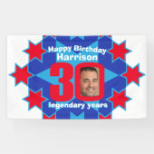 30e verjaardagsster blauw wit rood aangepaste foto spandoek (Horizontaal)