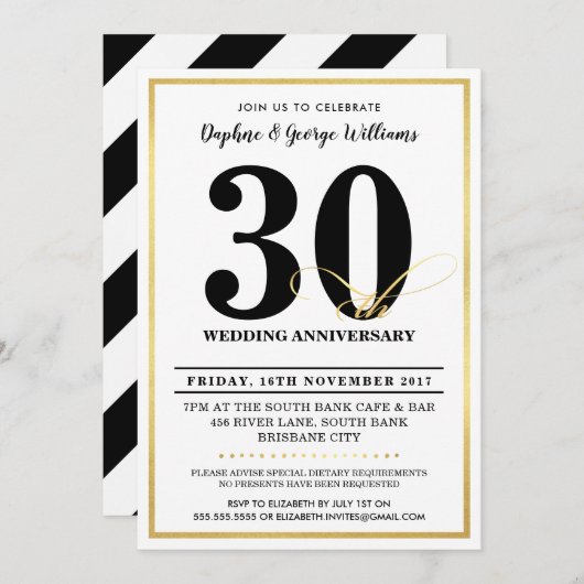 30ÈME ANNIVERSAIRE DE MARIAGE invitations dorées d (Devant / Derrière)