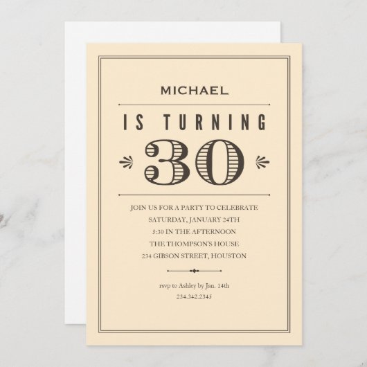 30ème Invitations d'anniversaire pour les hommes (Devant / Derrière)