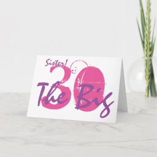 30ste verjaardag zus, roze, paarse tekst op wit. kaart
