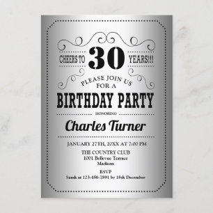 30ste verjaardagsfeestje - Retro Zilver Zwart Kaart