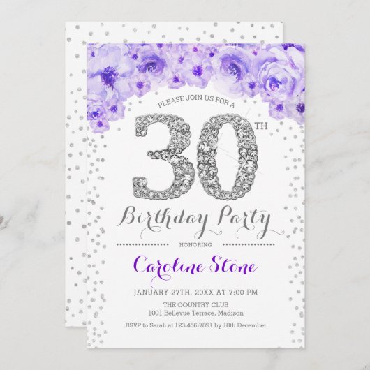 30ste verjaardagsfeestje - wit zilver Paarse Kaart (Voorkant / Achterkant)