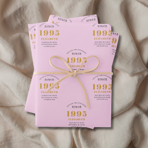 30th Birthday 1995 Naam toevoegen Pink Grey Inpakpapier Vel