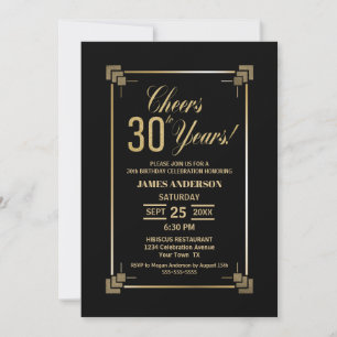 30th Birthday Black and Gold Party Invitation Kaart