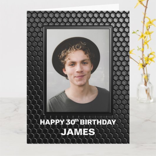 30th Birthday Black Geometric Pattern Custom Photo Kaart (Gele Bloem)