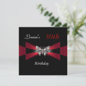 30th Birthday Black Red Butterfly Invite Kaart (Staand voorkant)