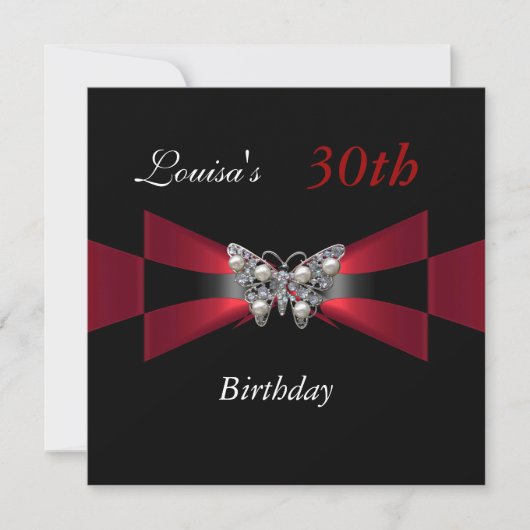 30th Birthday Black Red Butterfly Invite Kaart (Voorkant)