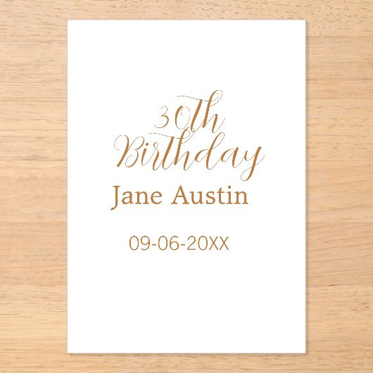 30th birthday copper brown simple stylish name dat acryl uitnodigingen (Voorkant)