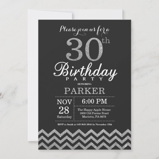 30th Birthday Invitation Black en Silver Glitter Kaart (Voorkant)