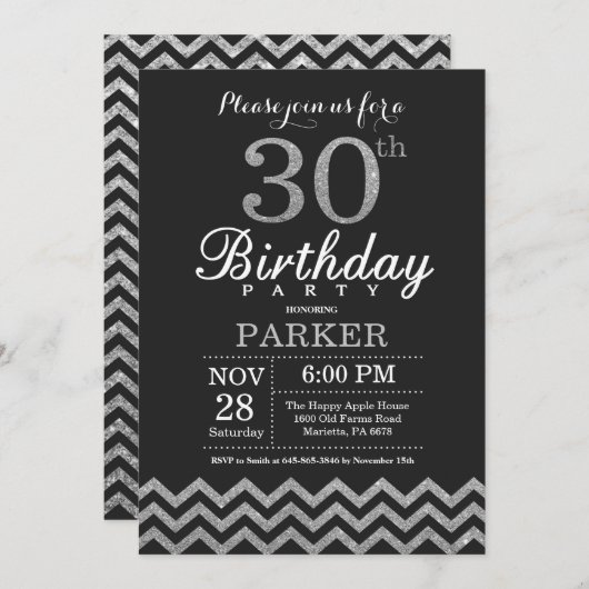 30th Birthday Invitation Black en Silver Glitter Kaart (Voorkant / Achterkant)