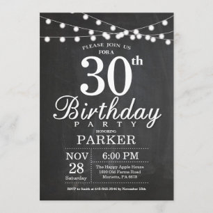 30th Birthday Invitation Chalkboard String Lights Kaart