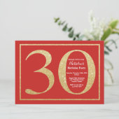 30th Birthday Invitation Red en Gold Glitter Kaart (Staand voorkant)