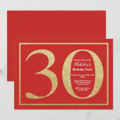 30th Birthday Invitation Red en Gold Glitter Kaart (Voorkant / Achterkant)