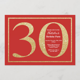 30th Birthday Invitation Red en Gold Glitter Kaart